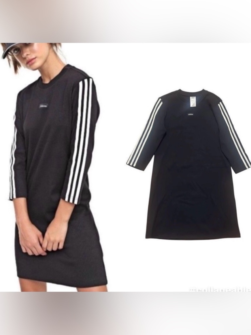 Y2K Adidas Long Sleeve Three Stripe Black/White Mini Midi Dress Size Medium